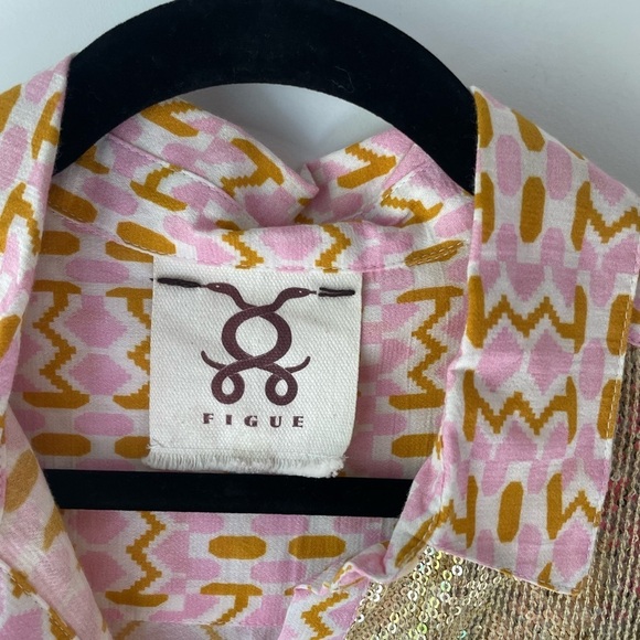 Figure Lamu Shirt in Kenyan Mosaic Pink Gold Sequin Button Down Top - Picture 8 of 11